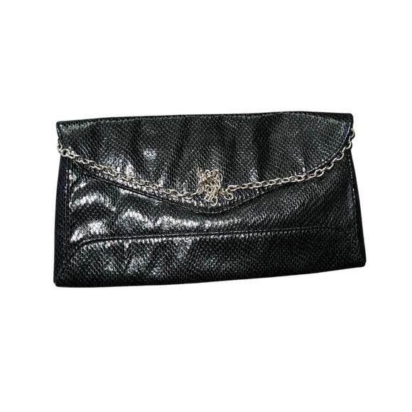 Vintage Ann Taylor Black Faux Leather Clutch purse Chain strap Envelope Fold - Picture 3 of 4